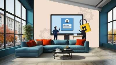 Strong password for cyber security, high protection and security, safe data privacy, businessman team doing strong password protection on computer screen. Wall mural