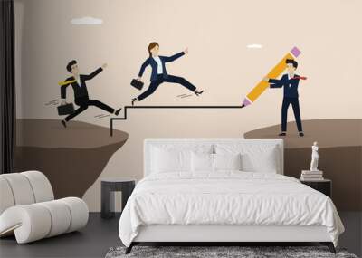 Supporting or helping employees to achieve business targets, leadership solution concept to overcome obstacles, entrepreneurial manager draws a line as a bridge to help team members to cross the chasm Wall mural