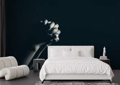 praying woman hand in the dark ( praying in secret room concept ) Wall mural