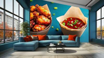 Appetizing chicken wings served with a tangy barbecue dipping sauce in cardboard takeout containers on a blue background.

 Wall mural