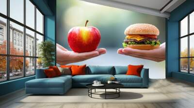 Balancing Choices - Splash-style Image of Healthy Apple and Tempting Hamburger in Hands, Food Duality Concept with Copy Space for Text Wall mural