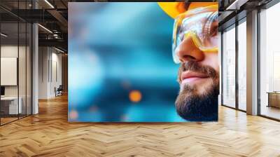 Close-up of an engineer wearing a hard hat and safety glasses, looking towards a futuristic digital network concept with bright nodes.

 Wall mural