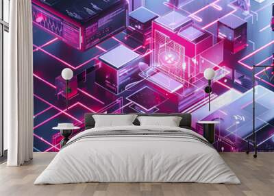 Digital Neon Grid,An intricate digital grid with neon pink and blue elements, highlighting futuristic data flow and cyber connections in a modern digital environment. Wall mural