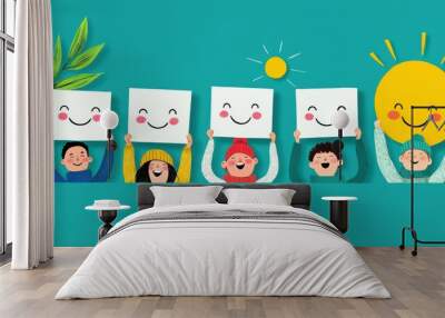 Diverse Group of Friends Celebrating World Smile Day with Hand-Drawn Smiling Faces on Signs Wall mural