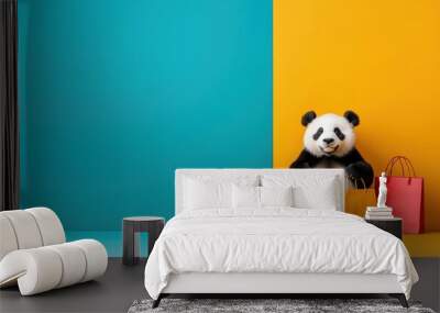 Excited Panda on Black Friday Shopping Spree with Bags, Price Cut Signs, and Copy Space for Text Wall mural