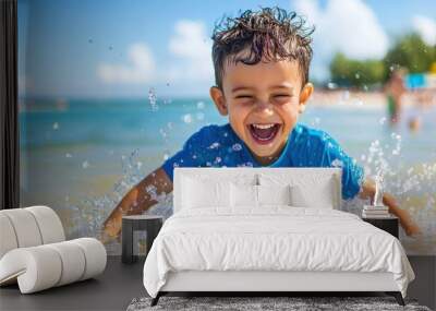 Joyful Beach Fun - Carefree Child Splashing in Shallow Waves, Embracing Sun, Travel, and Relaxation Wall mural