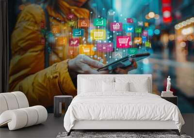 Modern Online Shopping Experience - Person Using Smartphone App with Retail Icons in Bright Illustration Wall mural