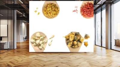 Different types of Herbal natural floral tea in wooden spoon on white background. Dried  herbal Tea ingredients, herbal teas and flower tea concept Wall mural