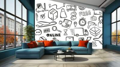 Logistic shipping freight service supply hand drawn doodle icons set isolated vector illustration on white background Wall mural