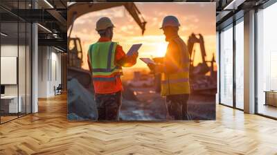 Construction Workers Discussing Plans at Sunset Wall mural