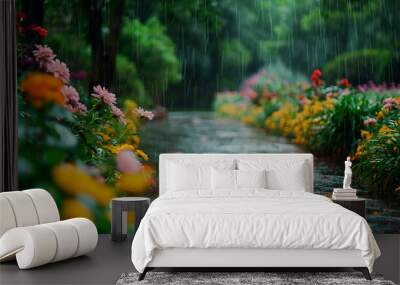 Rainy flower garden with walking path Wall mural