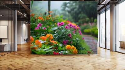 Rainy flower garden with walking path Wall mural