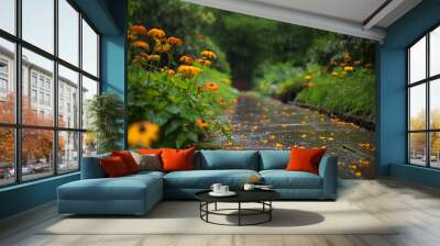 Rainy flower garden with walking path Wall mural