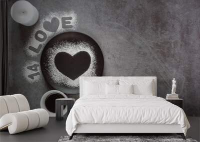 Valentines day.Two  cup of coffee,  candle and heart on dark background. To the day of all the lovers Wall mural