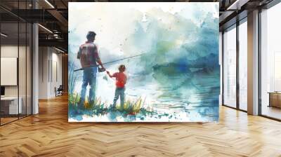 A man and a boy are fishing in a lake Wall mural