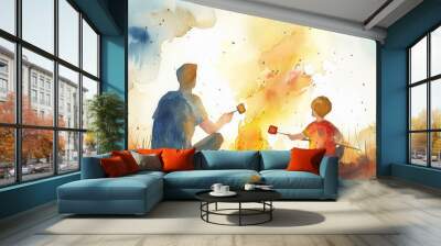 A man and a child sit by a fire in a forest Wall mural