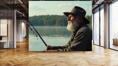 A man in a hat is fishing in a lake Wall mural