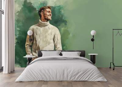 A man in a white sweater is smiling and looking up at the camera Wall mural