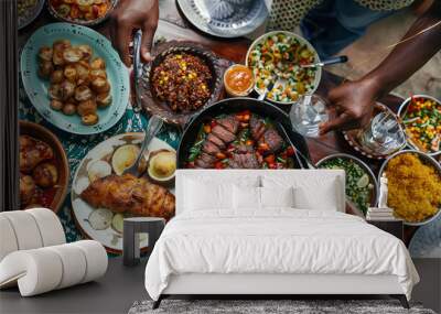 A table full of food with a variety of dishes including broccoli, rice, and meat Wall mural