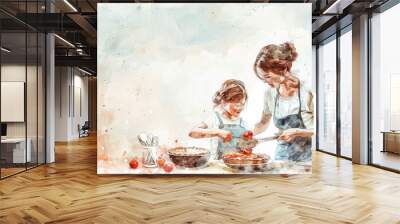 A woman and a little girl are making a pie together Wall mural