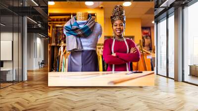 authentic ethnic africa america sellerwoman working in shop Wall mural