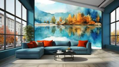 Beautiful watercolor autumn landscape with lush colorful autumn trees on the shore of a calm forest lake, AI Wall mural