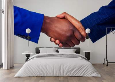 Portrait of two businessmen shaking hands in a business meeting on white background in studio shot Wall mural