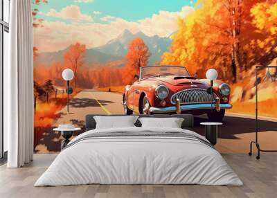 road with a car in a beautiful autumn forest with mountains Wall mural