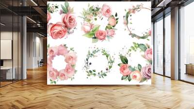 set Circle frame, wreath of pink flowers and branches with green leaves, AI Generative AI Wall mural