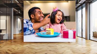 single father and his little daughter celebration birth day in kitchen Wall mural