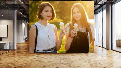 two beautifu best girlfriends schoolgirls ( student) eating ice cream in a waffle horn in the park Wall mural