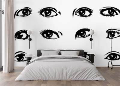 Woman Eyes Set. Doubles and singles. For avatars, faces, portraits design. Back and white vector cliparts. Wall mural