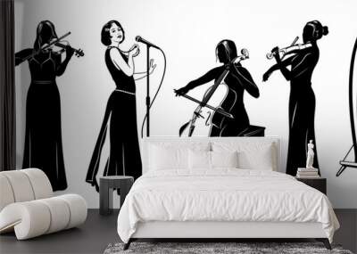 Woman music band with vocalist. Silhouettes Set. Women singing, playing on violins, cello, celtic harp and flute folk and classic music. Vector cliparts isolated on white. Wall mural