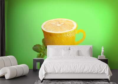 Cup of tea with lemon texture,mint leaf, two pieces brown cane sugar Wall mural