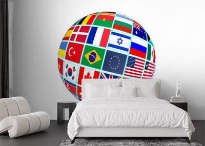 Globe with world flags isolated on white background Wall mural