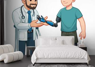 Vector illustration of a doctor giving a prosthetic arm to a boy with prosthetic legs, symbolizing medical support. Wall mural