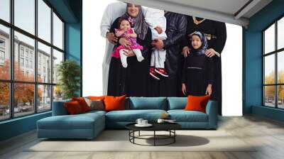 Big family, portrait and muslim women, men and children together for Islam religion love, peace and arab culture. Islamic parents, grandparents and kids together for eid isolated on. white background Wall mural