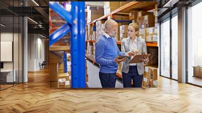 WE always double check our shipments. Shot of a man and woman inspecting inventory in a large distribution warehouse. Wall mural