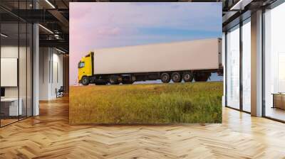 Truck Delivers Cargo on a Country Road against the Background of a Cloudy Sky Wall mural