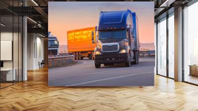 trucks goes on highway on sunset Wall mural