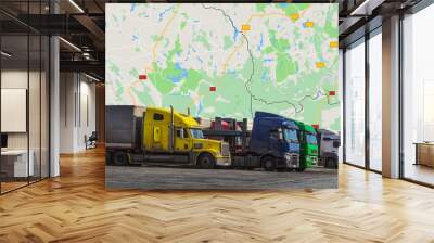 Trucks on the background of a geographical map Wall mural