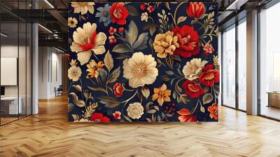 Floral pattern of red and white flowers on navy blue background Wall mural