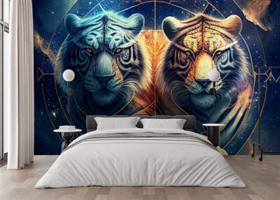 gemini sign, zodiac sign, gemini, cosmos, 3d, two tigers, tiger, wallpaper, background, ai generated Wall mural