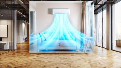 Air conditioner with blue air waves in apartment living room. Wall mural