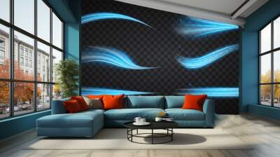 Blue air flow wave effect set. Design element for visualizing air or water flow. Isolated on transparent background. Wall mural