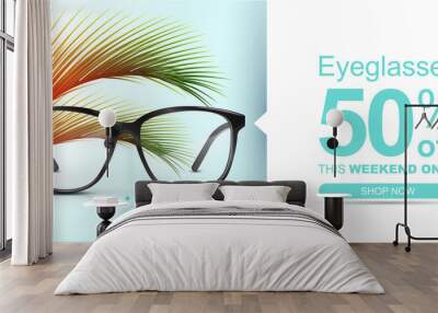 Eyeglasses banner concept with palm leaves. Summer discount banner. Wall mural