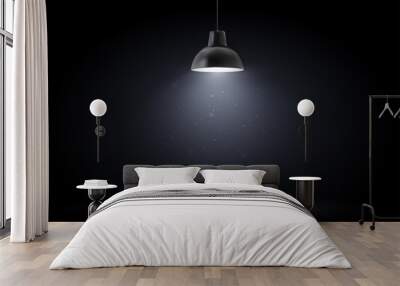 Lamp in dark room. Spotlight on black background. Place for text or product presentation. Wall mural