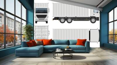 Container truck vector template with simple colors without gradients and effects. View from side, front, back, and top Wall mural