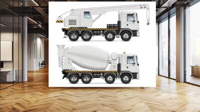 Crane and mixer trucks with view from side isolated on white background. Construction vehicles set vector mockup, easy editing and recolor. Wall mural