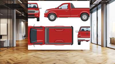 Red pickup truck vector template with simple colors without gradients and effects. View from side, front, back, and top Wall mural